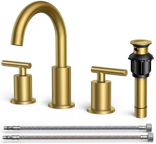 FORIOUS 8 Inch Widespread Brushed Gold Bathroom Faucet 3 Hole, 2 Handle Gold Sink Faucet Bathroom Vanity with 360 Degree Swivel Spout, with Metal Pop Up Drain and cUPC Supply Line, for 6 to 12 In Sink