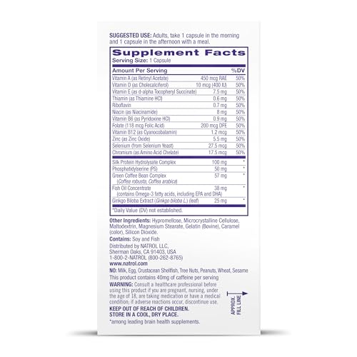 Natrol Cognium Complete, Dietary Supplement for Brain Health, Brain Health Supplements for Adults, 60 Capsules, 30 Day Supply