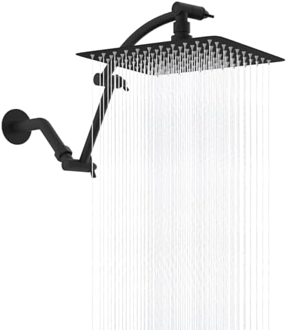 Hibbent All Metal Rain Shower Head, 10'' High Pressure Rainfall Showerhead with 16" Shower Head Extension Arm, Solid Brass Adjustable Shower Arm Extender, Waterfall fixed Showerheads, Matte Black