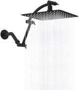 Hibbent All Metal Rain Shower Head, 10'' High Pressure Rainfall Showerhead with 16" Shower Head Extension Arm, Solid Brass Adjustable Shower Arm Extender, Waterfall fixed Showerheads, Matte Black