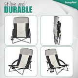 SUNNYFEEL Folding Low Camping Beach Chair 2 Pack, Lightweight Portable Lawn Chair with Mesh Back, Cup Holder for Outdoor/Travel/Picnic/Concert, Foldable Camp Backpack Chair with Carry Bag