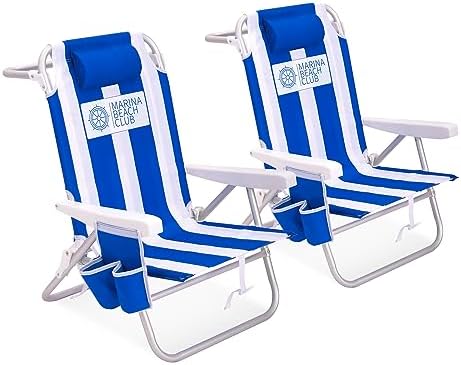 Luxury Sturdy Extra Comfort Backpack Beach Chair/Bundle of 2 Units (Blue White Stripes)
