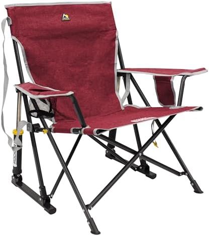 GCI OUTDOOR Kickback Rocker Camping Chair | Portable Folding Rocking Chair with Durable Armrests, Drink Holder & Relaxed Lowered Seat for Comfort — Red