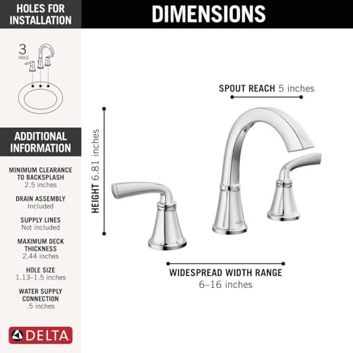 Delta Geist Chrome Bathroom Faucet 3 Hole, 8 Inch Widespread Bathroom Sink Faucet for Vanity, Push-Pop Drain Assembly, Chrome 35864LF