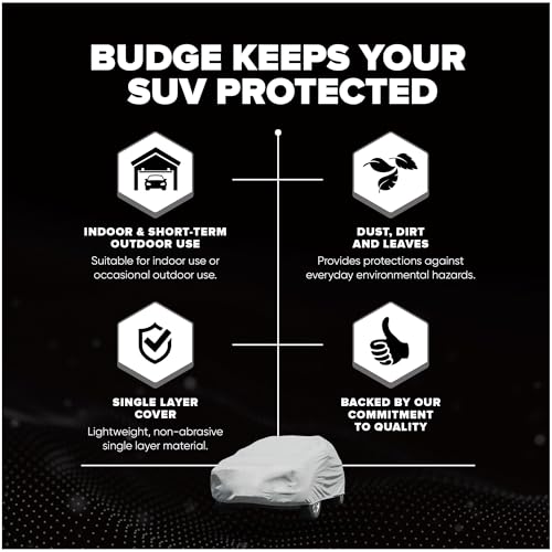 Budge Lite SUV Car Cover, Single-Layer Breathable Indoor Dust Proof Protection, Lightweight Non-Abrasive Fabric, Fits SUVs up to 186" L x 59" W x 60" H, Gray