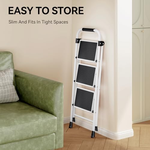 Step Ladder, Folding Step Stool with Wide Anti-Slip Pedal, Sturdy Steel Ladder, Convenient Handrail, Lightweight, Portable Steel Step Stool