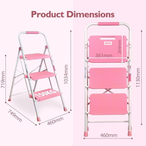 BONTEC 3-Step Ladder, Folding Step Stool, 600lbs Max Load Capacity, Sturdy Steel, Non-Slip Pedals, Lightweight, Portable Steel Ladder with Convenient Handrail, Safety Design for Home & Work, Pink