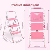 BONTEC 3-Step Ladder, Folding Step Stool, 600lbs Max Load Capacity, Sturdy Steel, Non-Slip Pedals, Lightweight, Portable Steel Ladder with Convenient Handrail, Safety Design for Home & Work, Pink