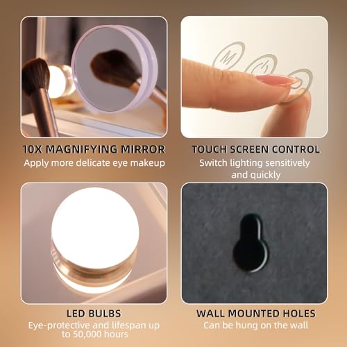 Hansong Vanity Mirror with Lights, 22''x18'' Hollywood Mirror, Makeup Mirror with 15 Dimmable Bulbs, 10X Magnification and USB Charging Port, White