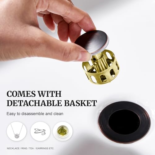 Pop up Sink Drain Stopper for Bathroom Vessel Vanity Sink Art Basin Oil Rubbed Bronze, Small Cap with Overflow, Metal Pop-up Drain Strainer with Detachable Basket Stopper