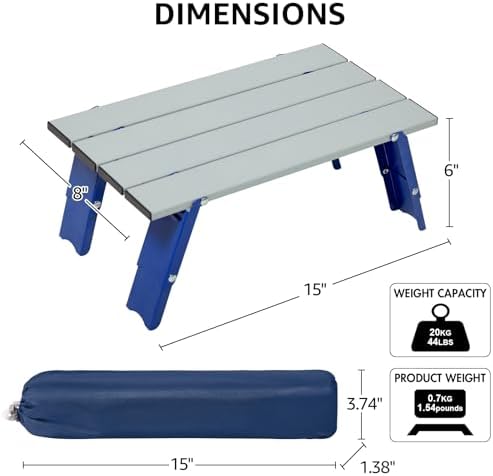 PORTAL Folding Mini Small Beach Table, Portable Aluminum Beach Table with Retractable Legs and Carry Bag for Outdoor Picnic/Cooking/Camp/Travel/Beach,15" L x 8" W x 6" H, Silver/Blue