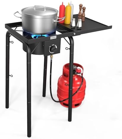 ROVSUN Single Burner Gas Stove with Side Shelf, 100,000BTU Portable Propane Stove with Removable Leg & Regulator for Camping Home Backyard Outdoor Cooking Brewing Canning Turkey Frying