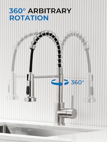WEWE Kitchen Sink Faucet, Kitchen Faucets with Pull Down Sprayer Stainless Steel Single Handle Single Hole Brushed Nickel Commercial Industrial Spring Pull Out Laundry Farmhouse Kitchen Faucet
