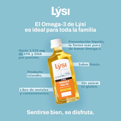 LÝSI, Omega 3 en Aceite de pescado, Mezcla de diferentes pescados, Sabor limón, Para toda la familia y embarazadas, Sin gluten y azúcar, 240 ml.