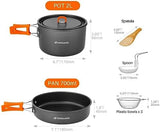 Odoland 9pcs Camping Cookware Non-Stick Lightweight Pots and Pans Set with Plastic Bowls Soup Spoon for Backpacking, Outdoor Cooking and Picnic