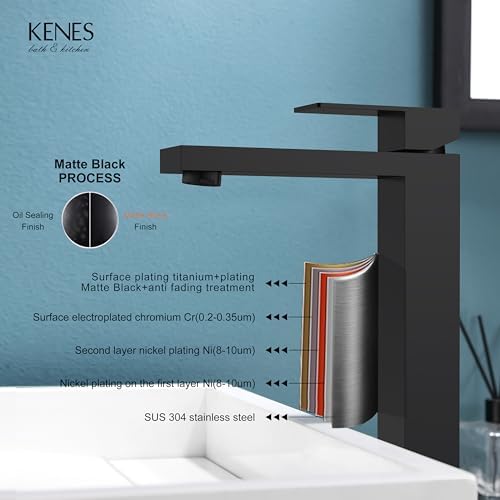 KENES Matte Black Bathroom Faucet Single Handle Tall Vessel Sink Faucet Vanity Bathroom Faucet Basin Mixer Tap with Water Supply Hose and Pop Up Sink Drain, LJ-9031A-2