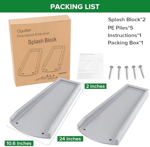 Splash Blocks for Gutters Downspouts, 24" Downspout Extensions for Rain Water Drainage, Thickened Gutter Splash Guard with Fixing Piles(2 Pack, Gray)