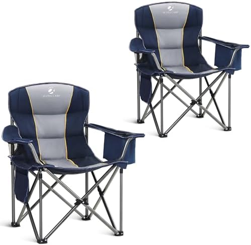 ALPHA CAMP Oversized Camping Folding Chair Heavy Duty with Cooler Bag Support 450 LBS Steel Frame Collapsible Padded Arm Quad Lumbar Back Chair Portable for Lawn Outdoor,Blue