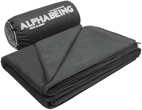 AlphaBeing Waterproof Outdoor Blanket with Merino Wool, Extra Thick Warm, Windproof, Packable Stadium Blankets for Cold Weather, Camping Gift, Pet, Car, Picnic, Concerts, 79" x 59", Black/Gray