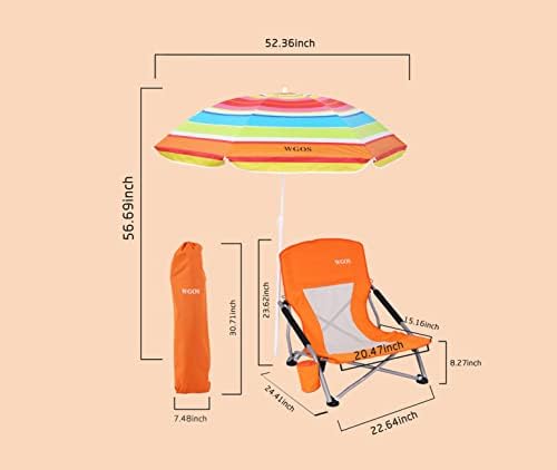 Low Beach Chair for Adults Beach Chair with Umbrella Folding Chair Detachable SPF 50+ Umbrella, Armrests, Cup Holder, Portable Sand Chair (2-Pack Orange)