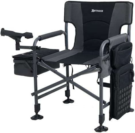 Fishing Chairs with Rod Holder, Folding Ice Fishing Chair for Adults Outdoor Camping Chair Leg Adjustable with Cooler Bag and Storage Bag for Ice Fishing, Camp, Lawn, Patio, Garden (Black)