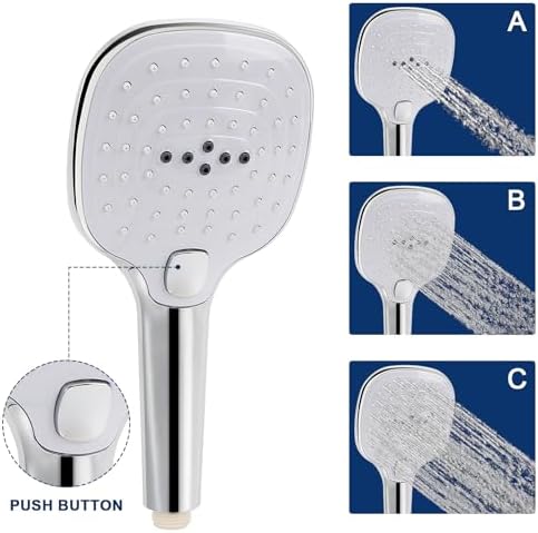 NearMoon Shower Head with Hose, High Pressure Stainless Steel Rain Shower and 3 Settings Handheld Spray Combo with Push Button Flow Control (12 Inch Showerhead Set, Chrome Finish)