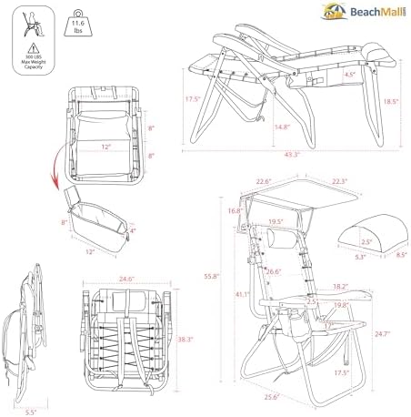 Ultimate Heavy Duty High Seat Aluminum Folding Backpack Beach Chair for Adults | Lay Flat, 5 Reclining Positions | Removable Insulated Cooler Pouch & Canopy for UV Protection