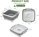 Dishpan, 9L Collapsible Washing Basin (Gray, PP, TPR), Portable Dish Tub with Drain Plug, Space-Saving Drying Rack for Kitchen, Camping, Laundry use
