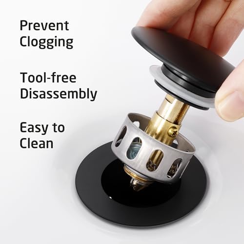 KES All Metal Bathroom Sink Drain with Strainer Basket Hair Catcher Anti Clog Pop Up Drain Stopper for Lavatory Vanity Vessel Sink with Overflow, Rustproof 18/8 Stainless Steel Matte Black S2013A-BK