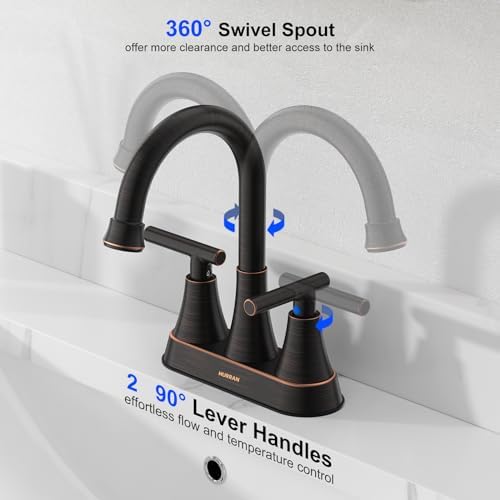 Bathroom Faucets for Sink 3 Hole, Hurran 4 inch Oil Rubbed Bronze Bathroom Sink Faucet with Pop-up Drain and Supply Hoses, Stainless Steel Lead-Free Centerset Faucets for Vanity RV