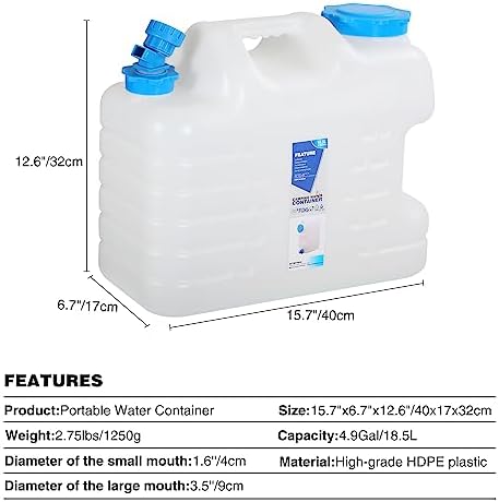 REDCAMP 5 Gallon/18.5L Portable Water Container with Spigot - Camping & Emergency Water Storage for Car, Hiking, Hurricane Supplies
