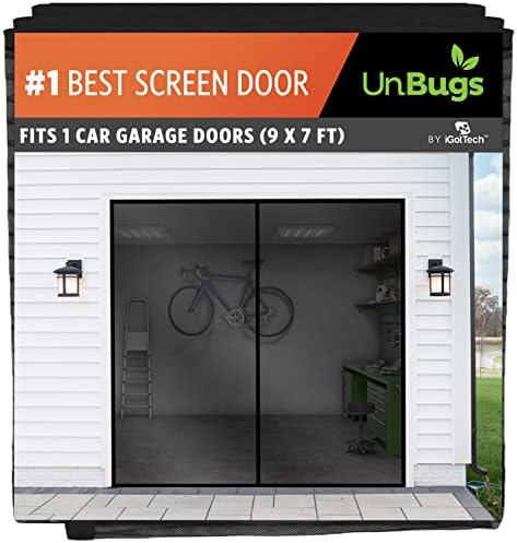 UnBugs Garage Screen Doors for 1 Car Garage - Fits Single Garage Doors up to 9 Feet Wide x 7 Feet Tall MAX - Pet & Kid Friendly, Self-Closing - Hands Free Magnet Closure Keeps Bugs Out & Breeze in