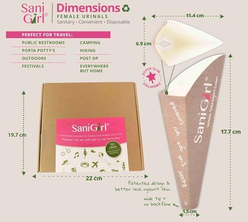 SaniGirl Pee Funnel for Women - Female Urinals for Women – Disposable Womens Pee Funnel for Travel & Camping Essentials, Female Urination Device for Outdoors & Travel (50 Count - Individually Wrapped)