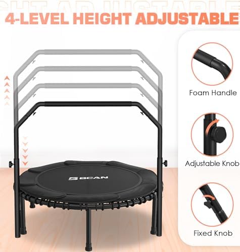 BCAN 450/550 LBS Foldable Mini Trampoline, 40"/48" Adult Fitness Trampoline with Bungees, U Shape Adjustable Foam Handle, Stable & Quiet Exercise Rebounder,Indoor/Outdoor Workout
