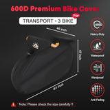 Bike Cover for Transport 3 Bikes - Outdoor Bike Covers for 3 Bikes on Rear Bike Rack Transport Heavy Duty & Waterproof, 600D Bicycle Rack Covers for 3 Bikes on Car Hitch Travel Storage