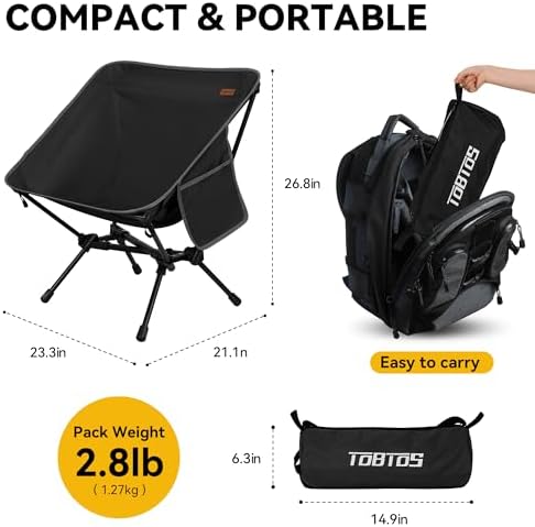 TOBTOS Ultralight Camping Chair, Portable Folding Backpacking Chair, Compact Camping Chair with Carry Bag for Outdoor Camp Hiking Backpack Beach Travel (Black)