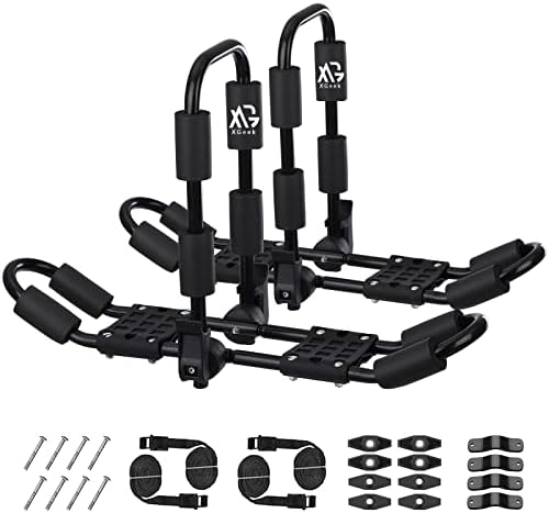 XGeek Kayak Roof Rack 4-in-1 for Kayak, Surfboard, Canoe and Ski Board Rooftop Mount Carrier Folding Adjustable Bilateral J-Style Rack on SUV, Car and Truck