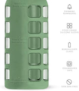 purifyou 40/32/22/12 oz Borosilicate Glass Water Bottles with Volume Markers, Silicone Sleeve, Stainless Steel Lid, Reusable Bottle for Water, Juice, Gym, and Fridge Storage (22oz Shale Green)