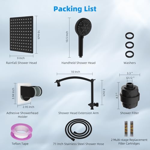 Hibbent All Metal 10'' Dual Filtered Rainfall Shower Head Combo, High Pressure Handheld Shower Head with 16'' Adjustable Extension Arm, 20 Stage Shower Filter, 10-spray, 71'' Shower Hose, Matte Black