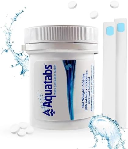 Aquatabs Water Purification Tablets for Drinking - 100 Tablets + 2 Chlorine Test Strips - Water Purifier Starter Kit - for Boat and RV Tanks - by Aquamarine Water Solutions