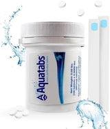 Aquatabs Water Purification Tablets for Drinking - 100 Tablets + 2 Chlorine Test Strips - Water Purifier Starter Kit - for Boat and RV Tanks - by Aquamarine Water Solutions