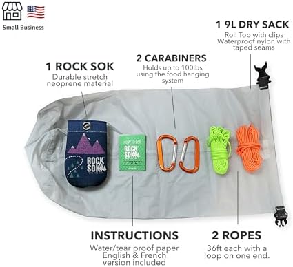 Ultralight Bear Bag Food Hanging System for Camping & Hiking - Waterproof Food Bag with Easy 2-to-1 Pulley, Paracord Ropes, Rock Sok, Carabiners & Instructions