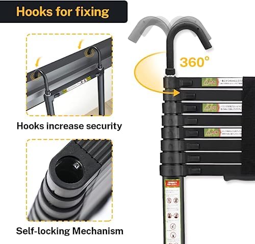 Telescopic Ladder, 10.5FT RIKADE Aluminum Telescoping Ladder with Non-Slip Feet and Stable Hook, Portable Extension Ladder for Household and Outdoor Working, 330lb Capacity Black