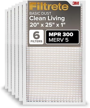 Filtrete 20x25x1 AC Furnace Air Filter, MERV 5, MPR 300, Capture Unwanted Particles, 3-Month Pleated 1-Inch Electrostatic Air Cleaning Filter, 6-Pack (Actual Size 19.69x24.69x0.81 in)