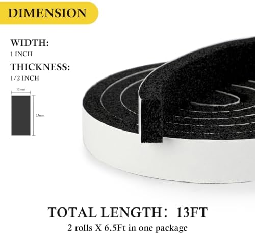 fowong Weather Stripping 1" W X 1/2" T, Open Cell Adhesive Foam Tape Maximum Compression Shock Buffer Air Conditioning Rubber Foam Strip, 2 Rolls X 6.5 Ft