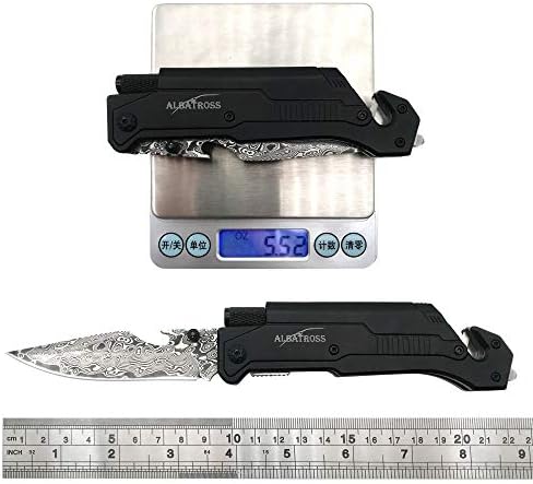ALBATROSS 6-in-1 Modern Damascus Steel Folding Pocket Knives with LED Light,Seatbelt Cutter,Glass Breaker,Magnesium Fire Starter,Bottle Opener;Multi-Function Emergency Tool(Black-DA)