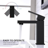 KENES Matte Black Single Handle Bathroom Sink Faucet, Stainless Steel Vanity Faucet for Bathroom Sink, with Pop Up Drain Stopper & Water Supply Hoses LJ-9031-2