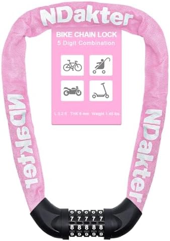 NDakter Bike Chain Lock, 5 Digit Combination Heavy Duty Anti Theft Bicycle Chain Lock,2.62/3.2/4.27/5/6Ft Long Security Resettable Bike Locks for Bike, Bicycle, Scooter, Door, Gate, Fence-4/6mm Thick