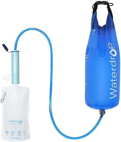 Waterdrop Gravity Water Filter Straw, Camping Water Filtration System, Water Purifier Survival for Travel, Backpacking and Emergency Preparedness, 1.5 gal Bag, 0.1 Micron, Light Blue