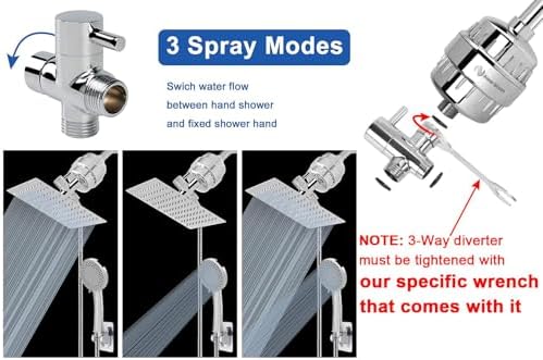 NearMoon Filtered Shower Head, High Pressure 8″Square, 5 settings Handheld Rain Shower Filter Combo with Self-adhesive Holder/1.5M Hose -1 Replaceable Filter Cartridge (Chrome Finish)